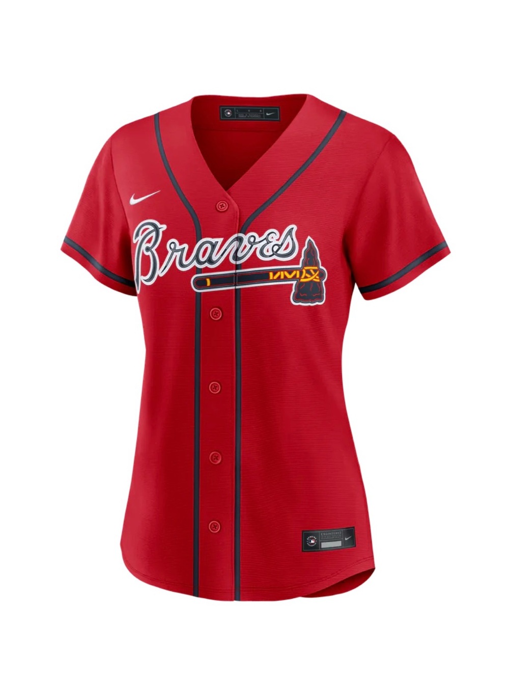 Nike MLB Women’s Red Braves Button-Front Jersey with Navy Trim